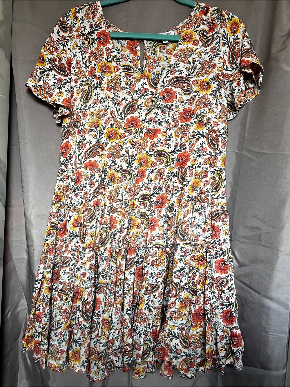 Floral Paisley Short Sleeve Tiered Dress - White with Orange & Yellow